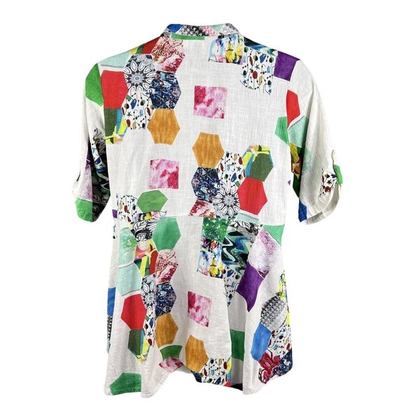 Parsley & Sage XL Bohemian Patchwork Ruffle Hi Lo Blouse Roll Tab Sleeve Artsy - Picture 2 of 16